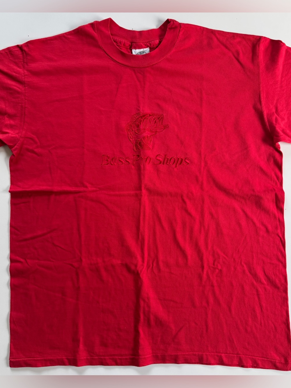 Vintage 90s Bass Pro Shops Large Embroidered Tonal Logo Red Spellout T-Shirt XL